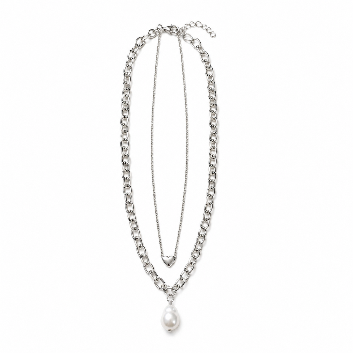 Silver-Tone Layered Heart & Pearl Pendant Necklace