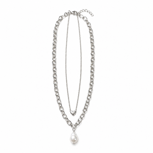 Silver-Tone Layered Heart & Pearl Pendant Necklace