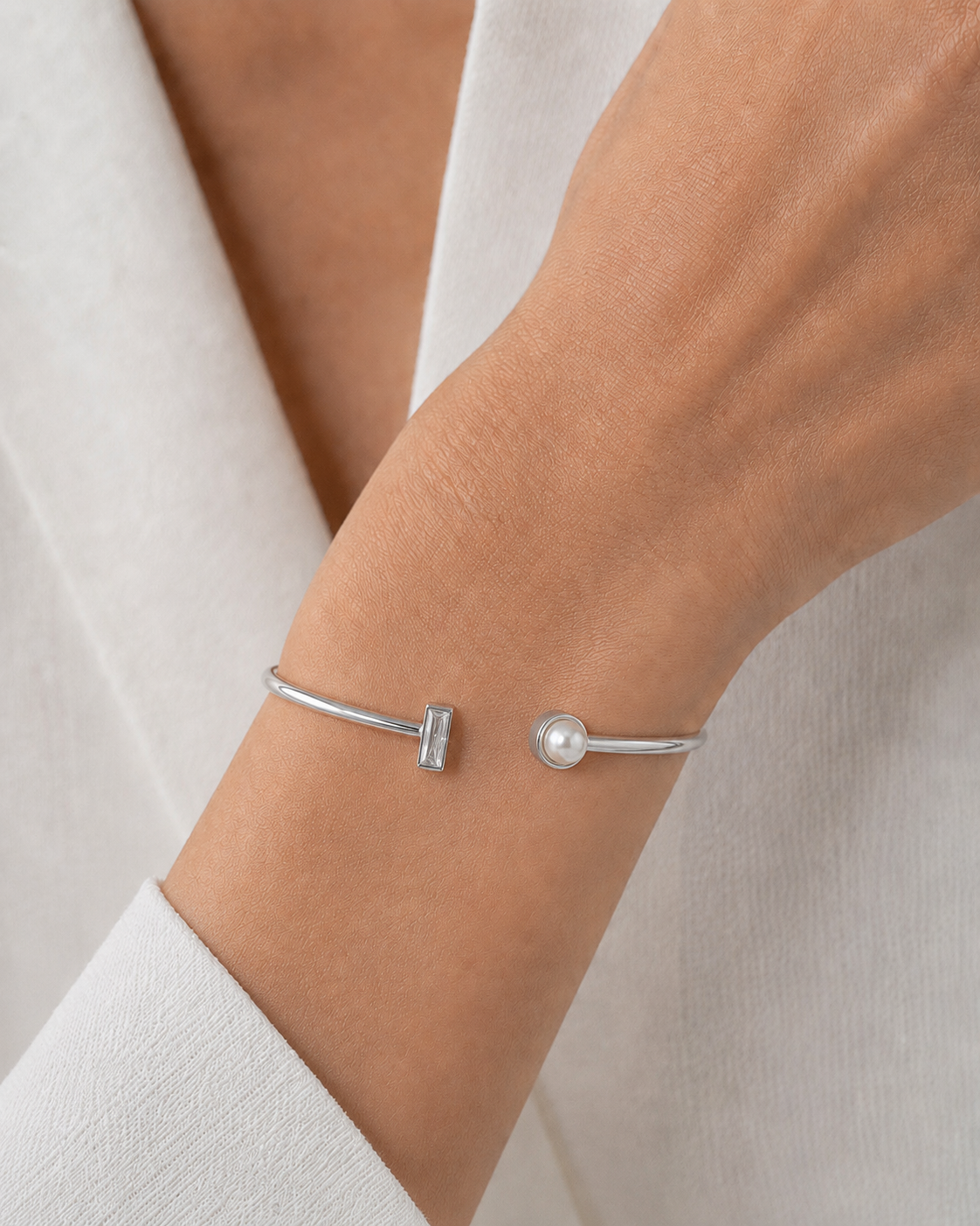 Silver-Tone Rhinestone &amp; Pearl Open Cuff Bracelet