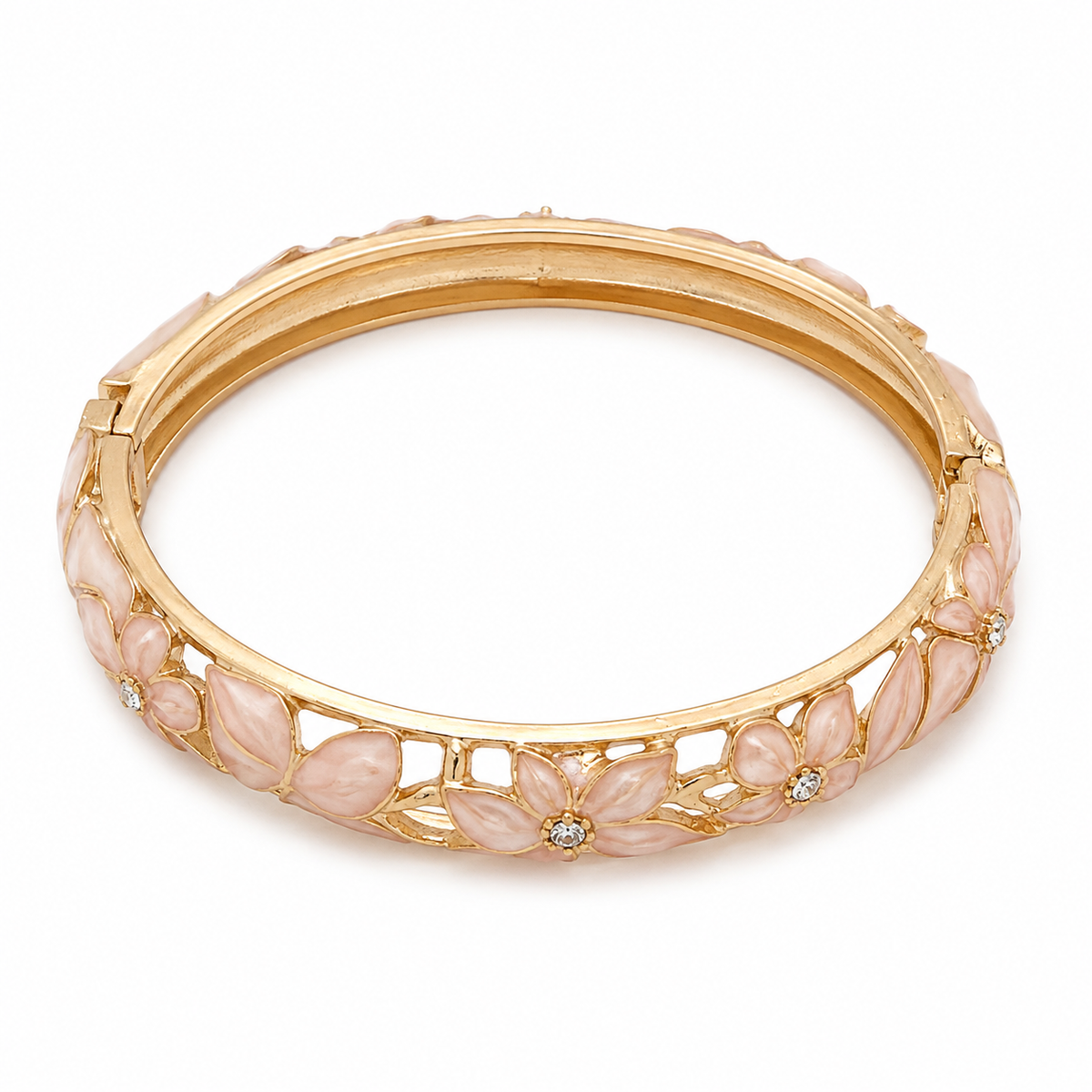 Gold-Tone Pink Floral Enamel Bangle Bracelet