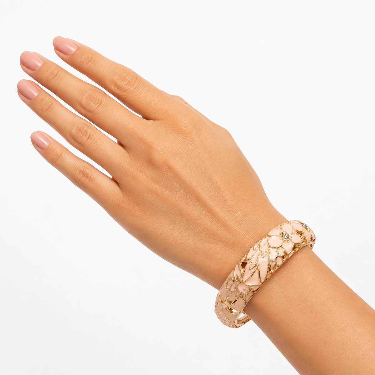 Gold-Tone Pink Floral Enamel Bangle Bracelet