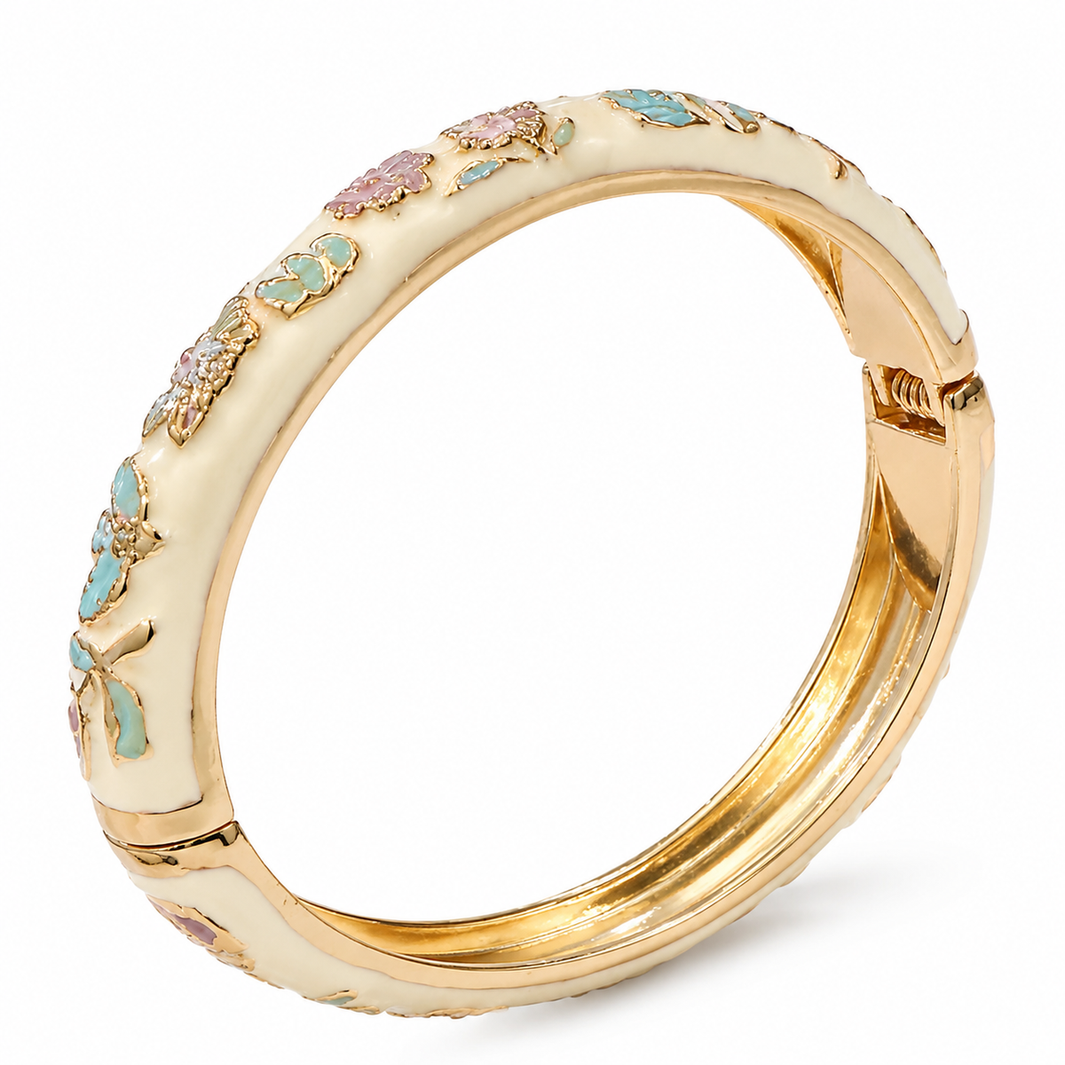 Gold-Tone Floral Enamel Hinged Bangle Bracelet