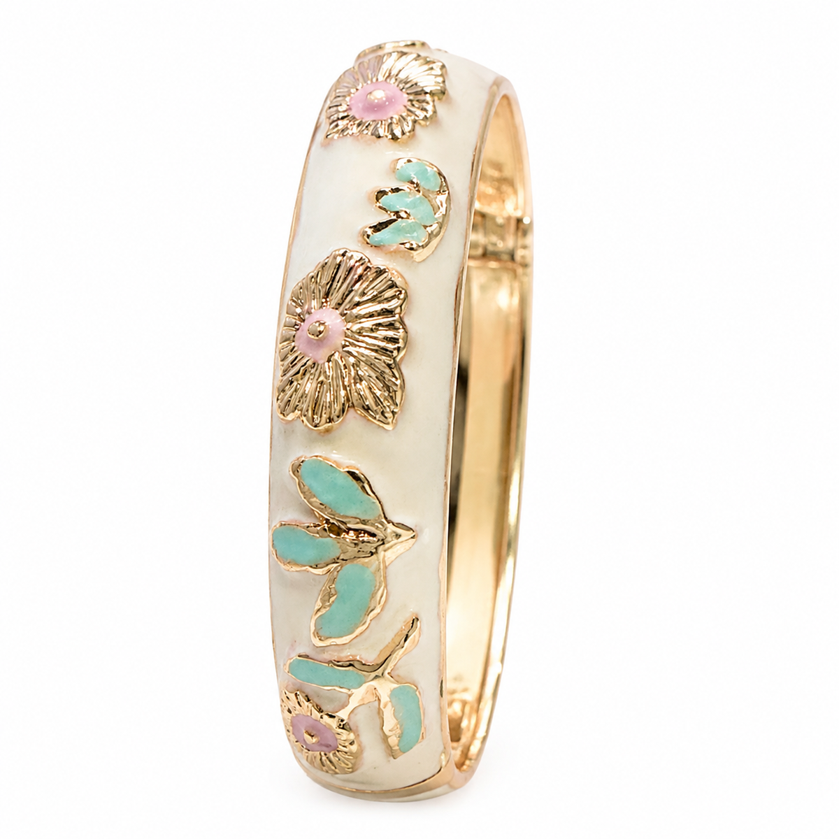 Gold-Tone Floral Enamel Hinged Bangle Bracelet