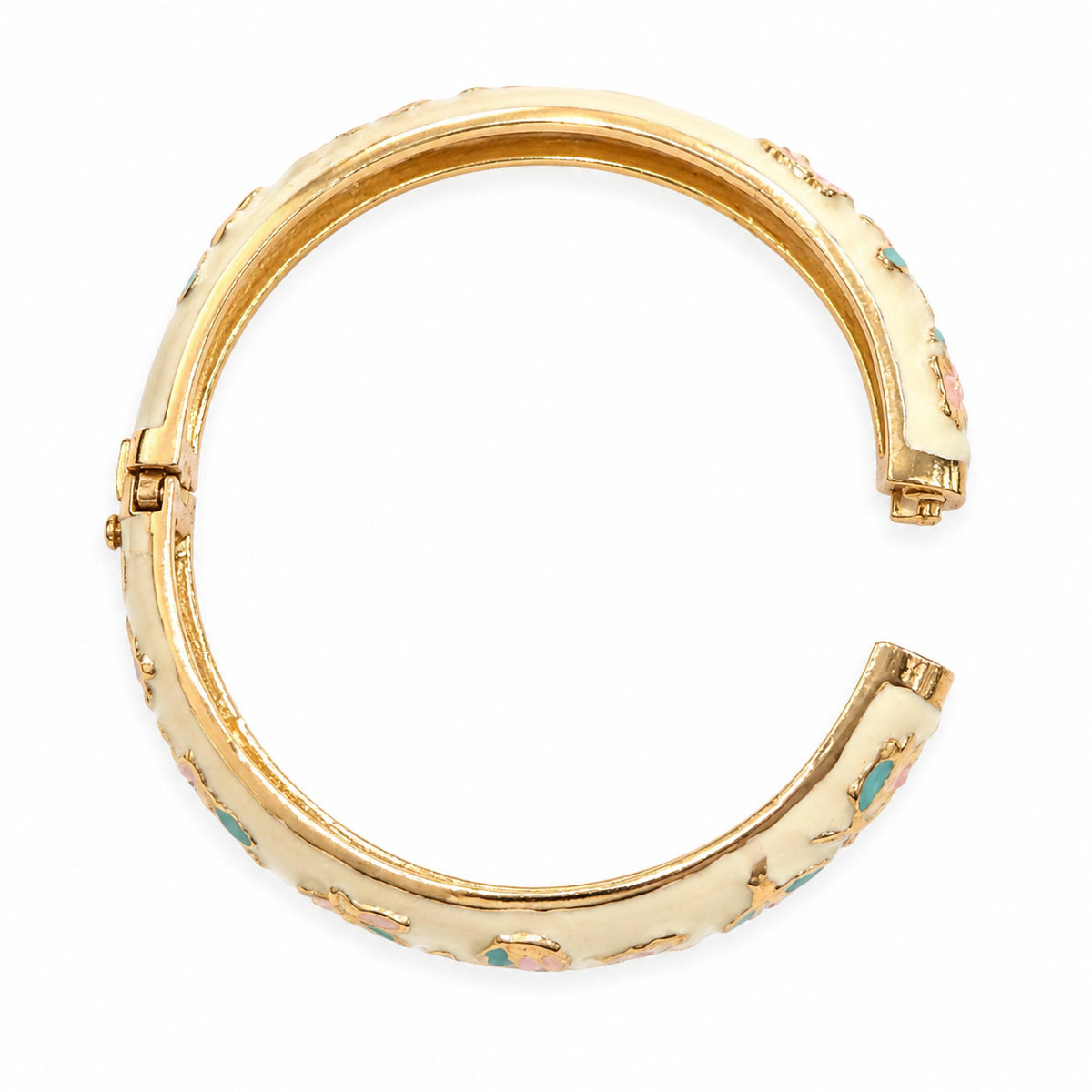 Gold-Tone Floral Enamel Hinged Bangle Bracelet
