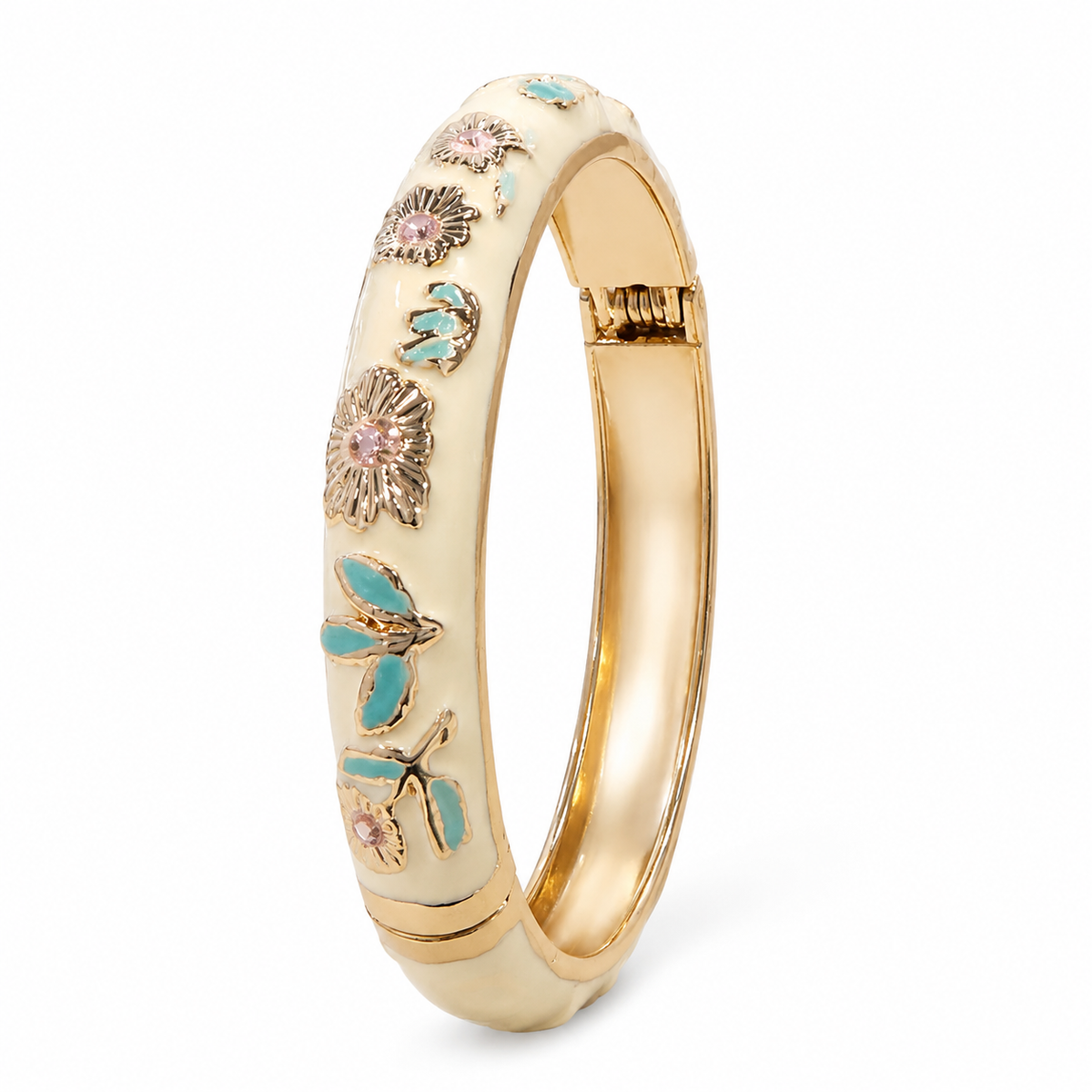Gold-Tone Floral Enamel Hinged Bangle Bracelet