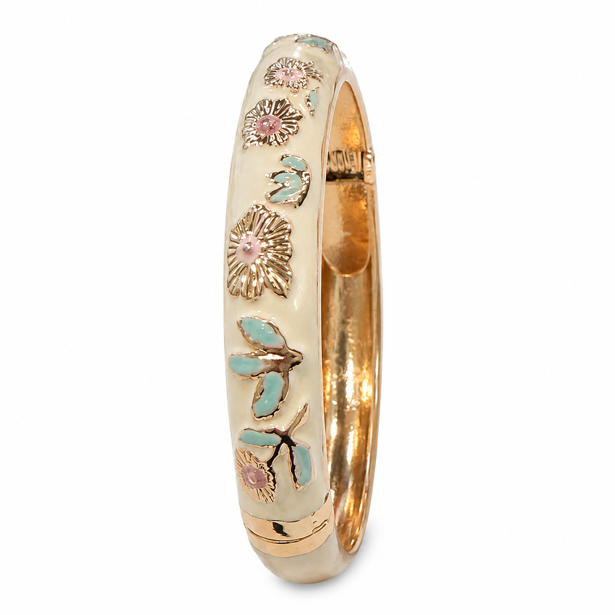 Gold-Tone Floral Enamel Hinged Bangle Bracelet