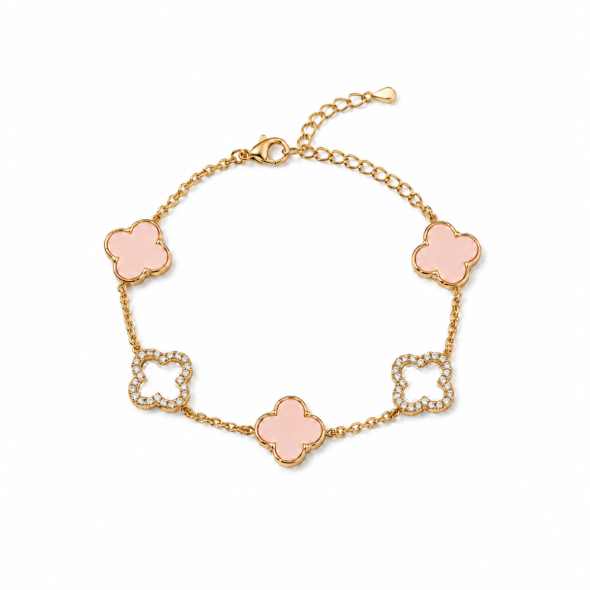 18K Gold Plated Pink and Rhinestone Clover Bracelet