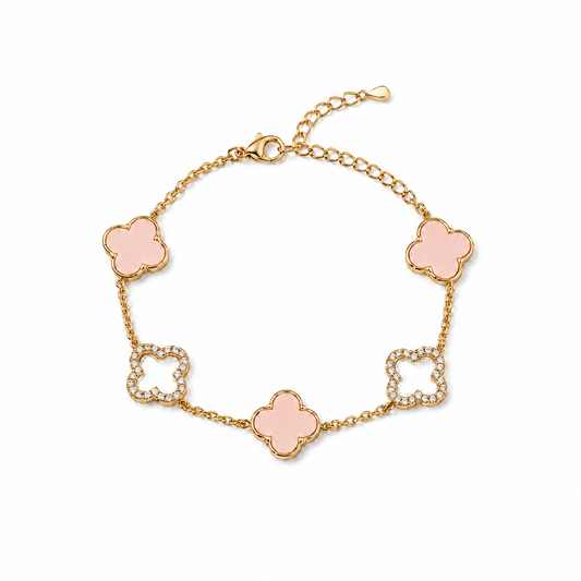 18K Gold Plated Pink and Rhinestone Clover Bracelet