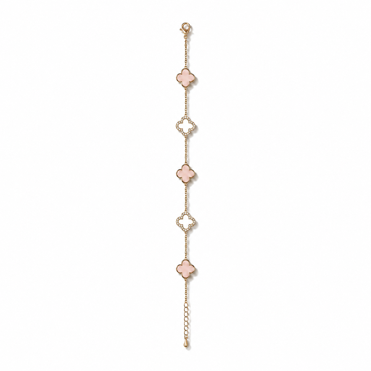 18K Gold Plated Pink and Rhinestone Clover Bracelet