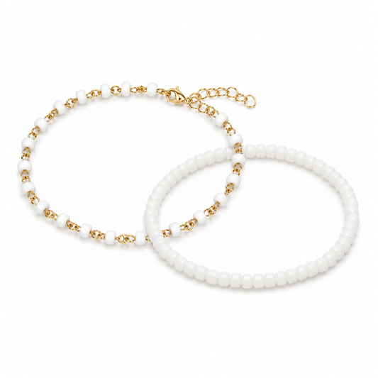 Gold-Tone White Beaded Bracelet Set