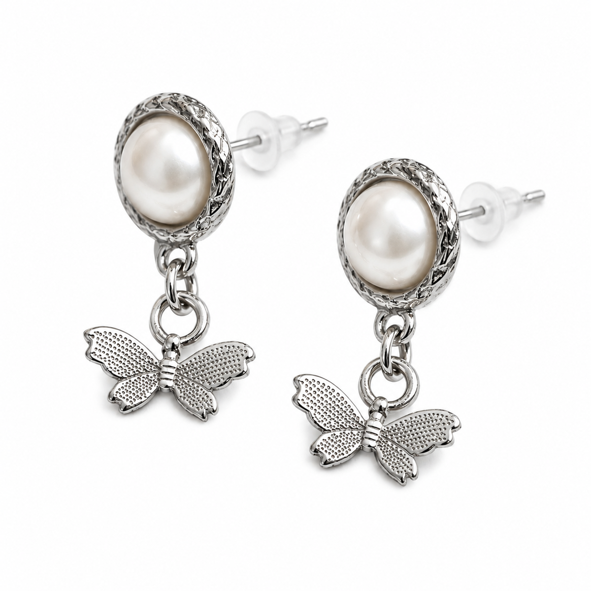 Silver-Tone Pearl & Butterfly Drop Earrings