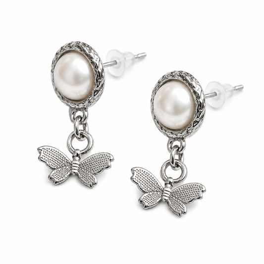 Silver-Tone Pearl & Butterfly Drop Earrings