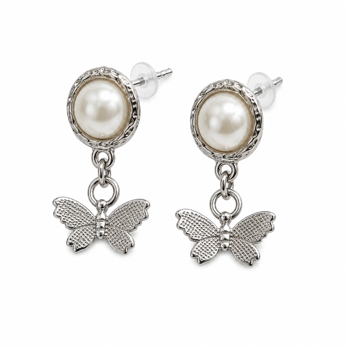 Silver-Tone Pearl & Butterfly Drop Earrings
