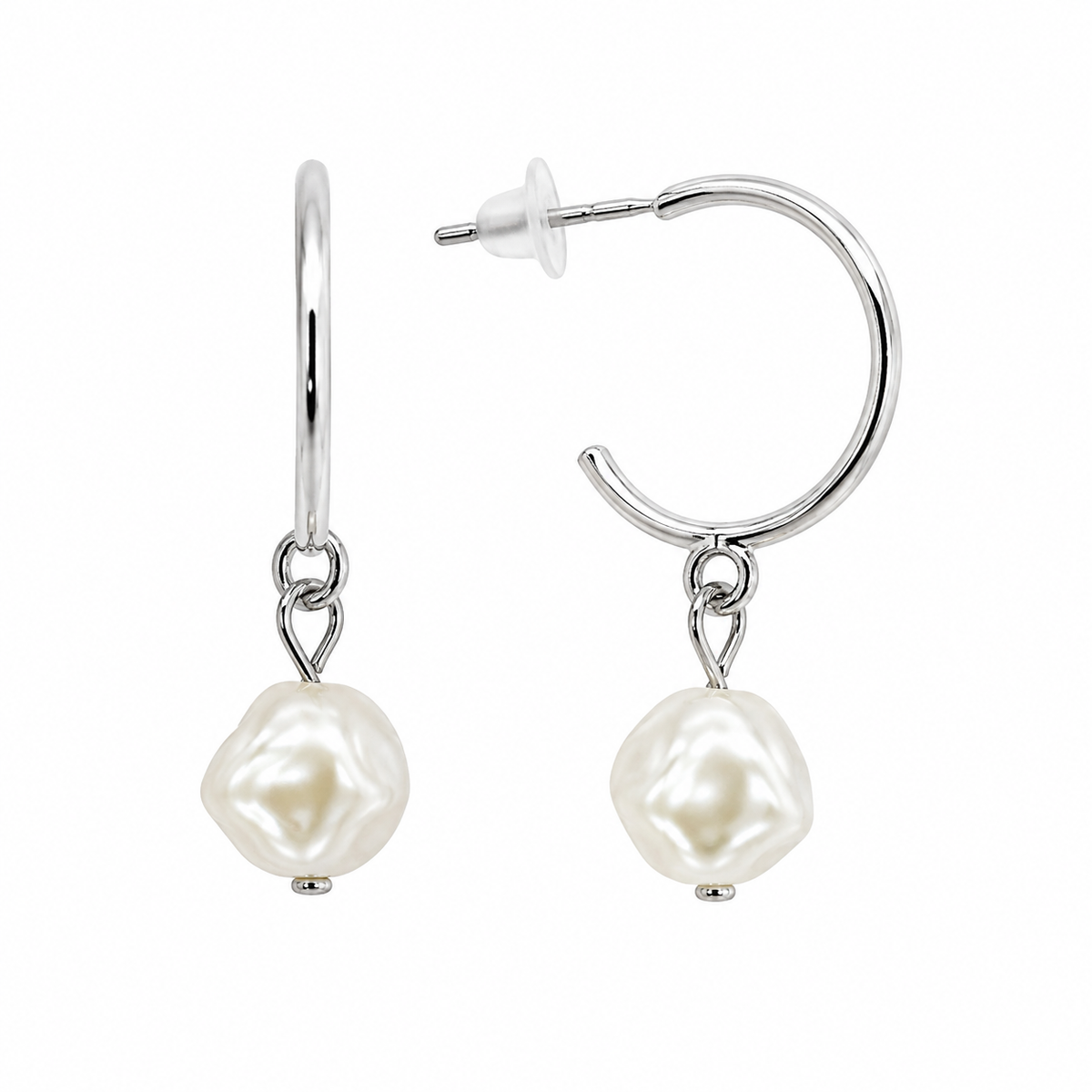 Silver-Tone Pearl Drop Hoop Earrings