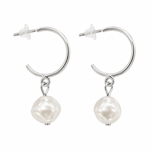 Silver-Tone Pearl Drop Hoop Earrings