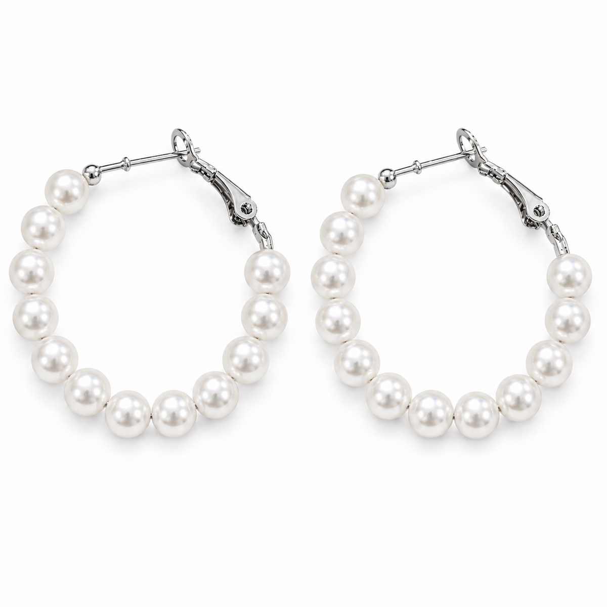 Silver-Tone Pearl Beaded Hoop Earrings