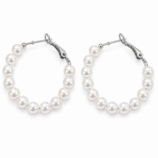Silver-Tone Pearl Beaded Hoop Earrings