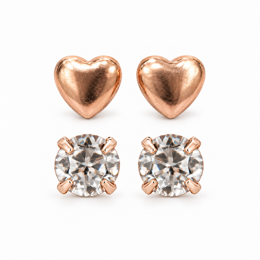 Rose-Gold Heart and Crystal Stud Earring Set