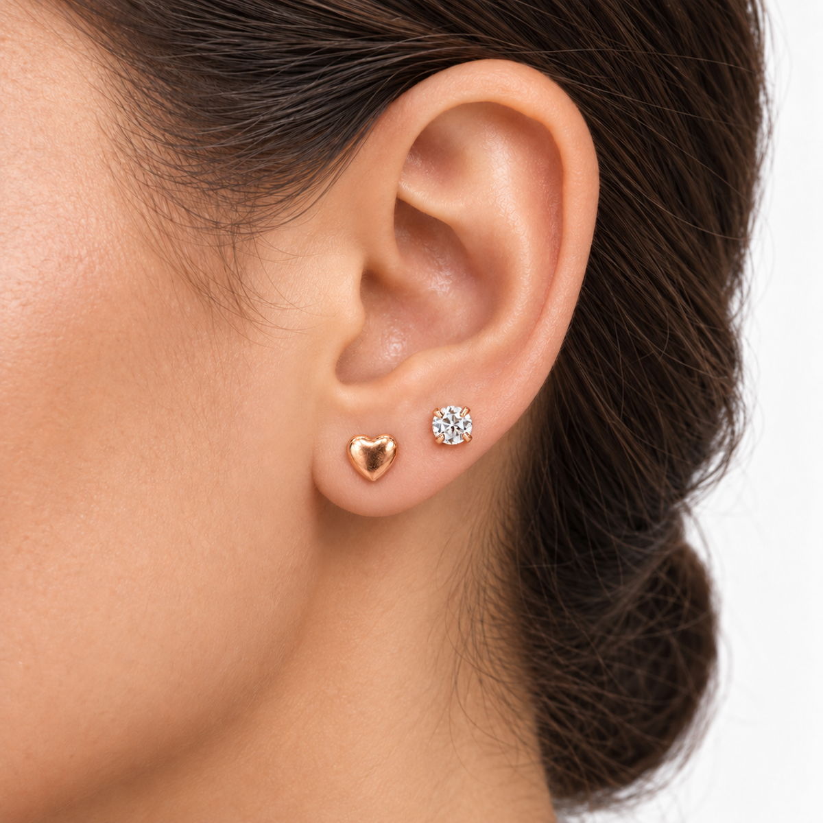 Rose-Gold Heart and Crystal Stud Earring Set