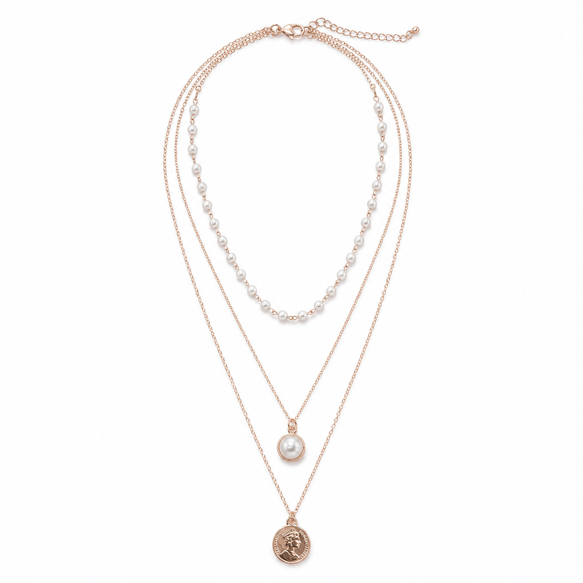 Rose-Gold Layered Pearl & Coin Pendant Necklace