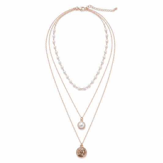 Rose-Gold Layered Pearl & Coin Pendant Necklace