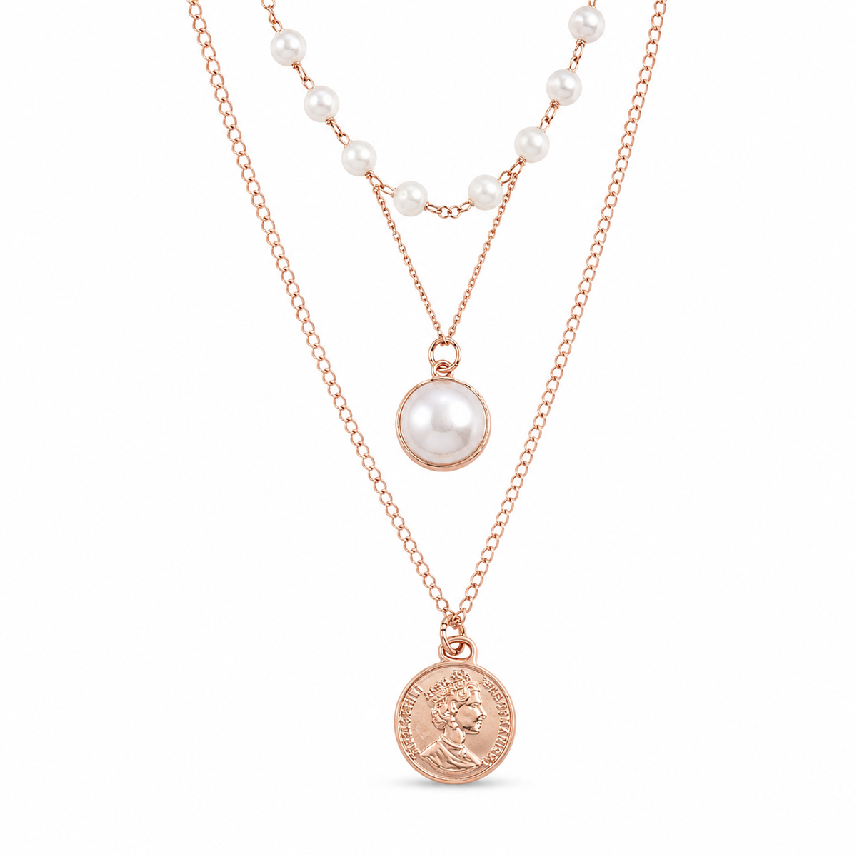Rose-Gold Layered Pearl & Coin Pendant Necklace