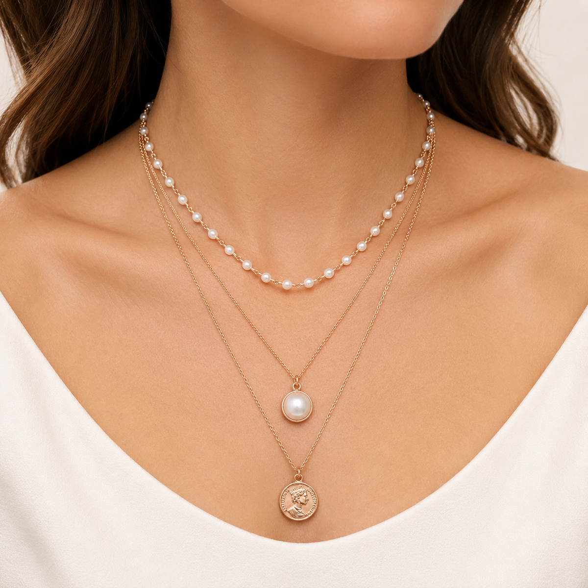 Rose-Gold Layered Pearl & Coin Pendant Necklace