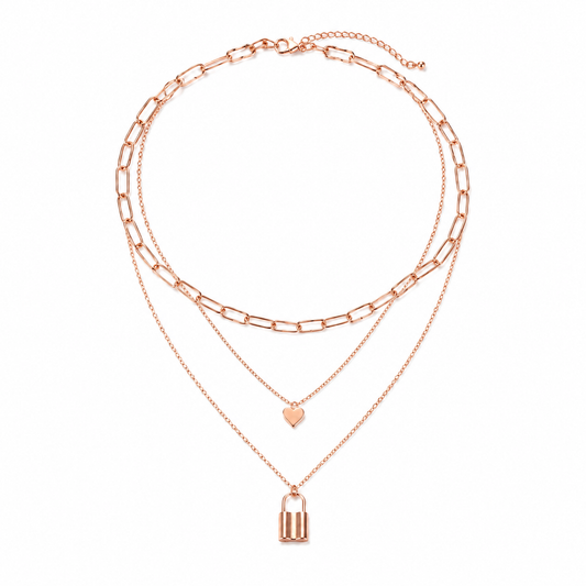 Rose-Gold Layered Heart & Lock Necklace