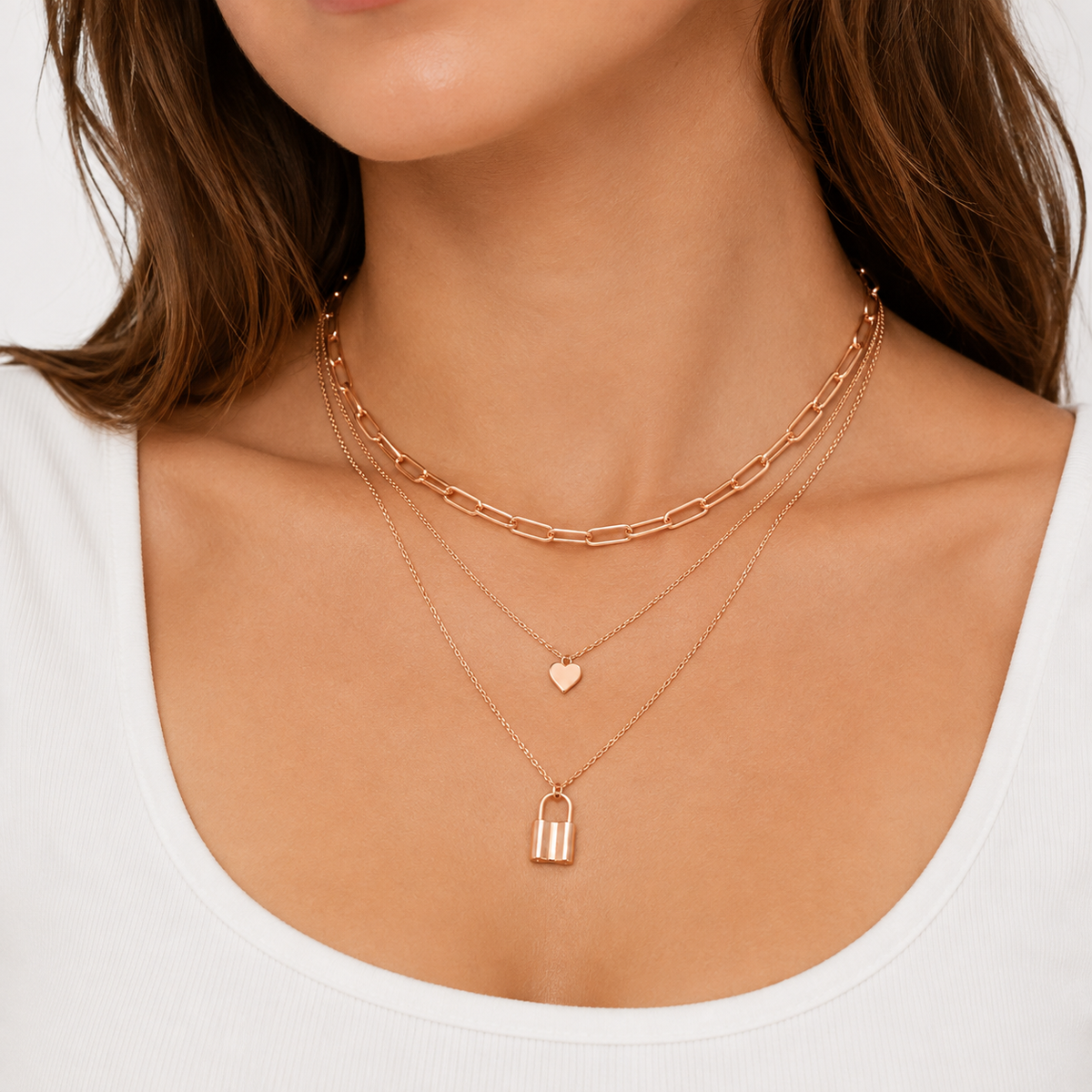 Rose-Gold Layered Heart & Lock Necklace