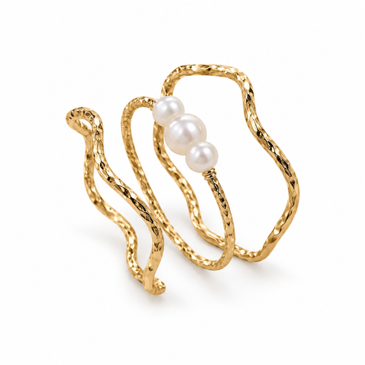Gold-Tone Textured Three-Ring Set with Pearls