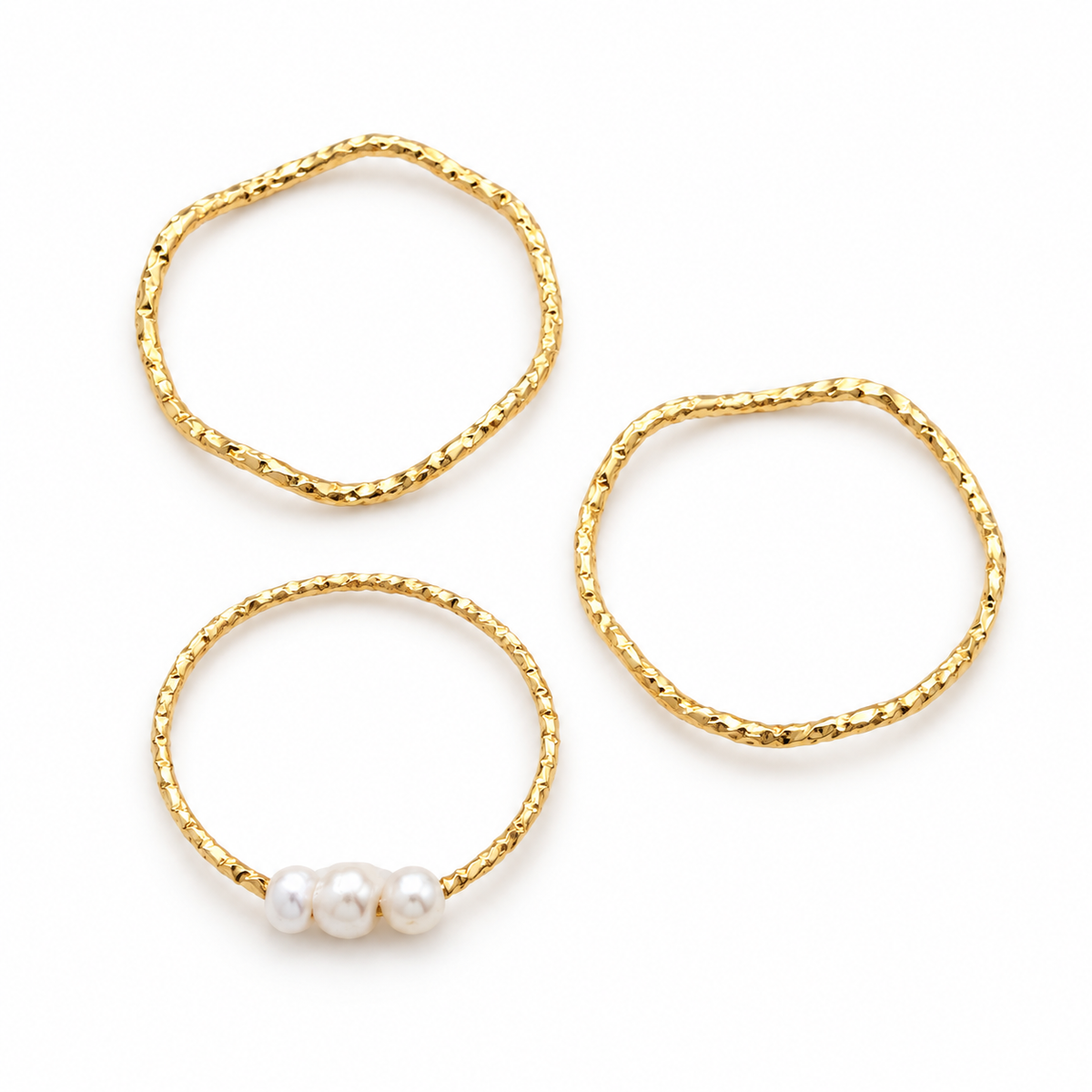 Gold-Tone Textured Three-Ring Set with Pearls