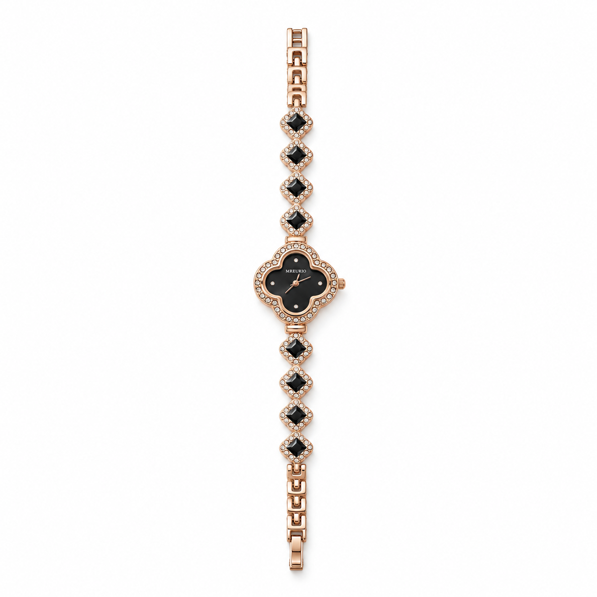 Rose-Gold Four-Leaf Clover Black Crystal Bracelet Watch