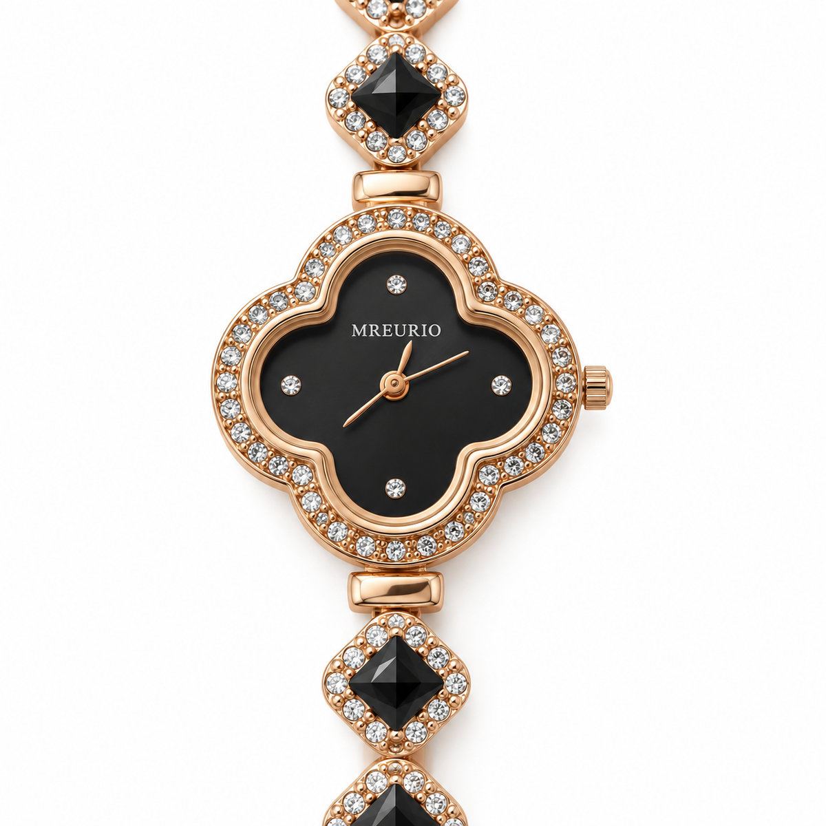 Rose-Gold Four-Leaf Clover Black Crystal Bracelet Watch