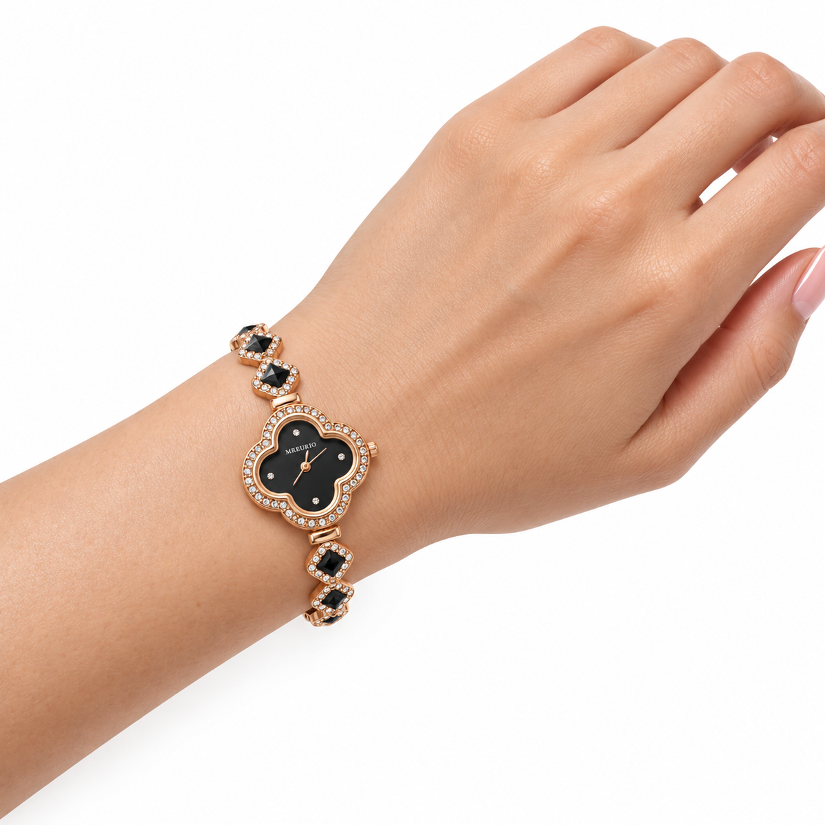 Rose-Gold Four-Leaf Clover Black Crystal Bracelet Watch