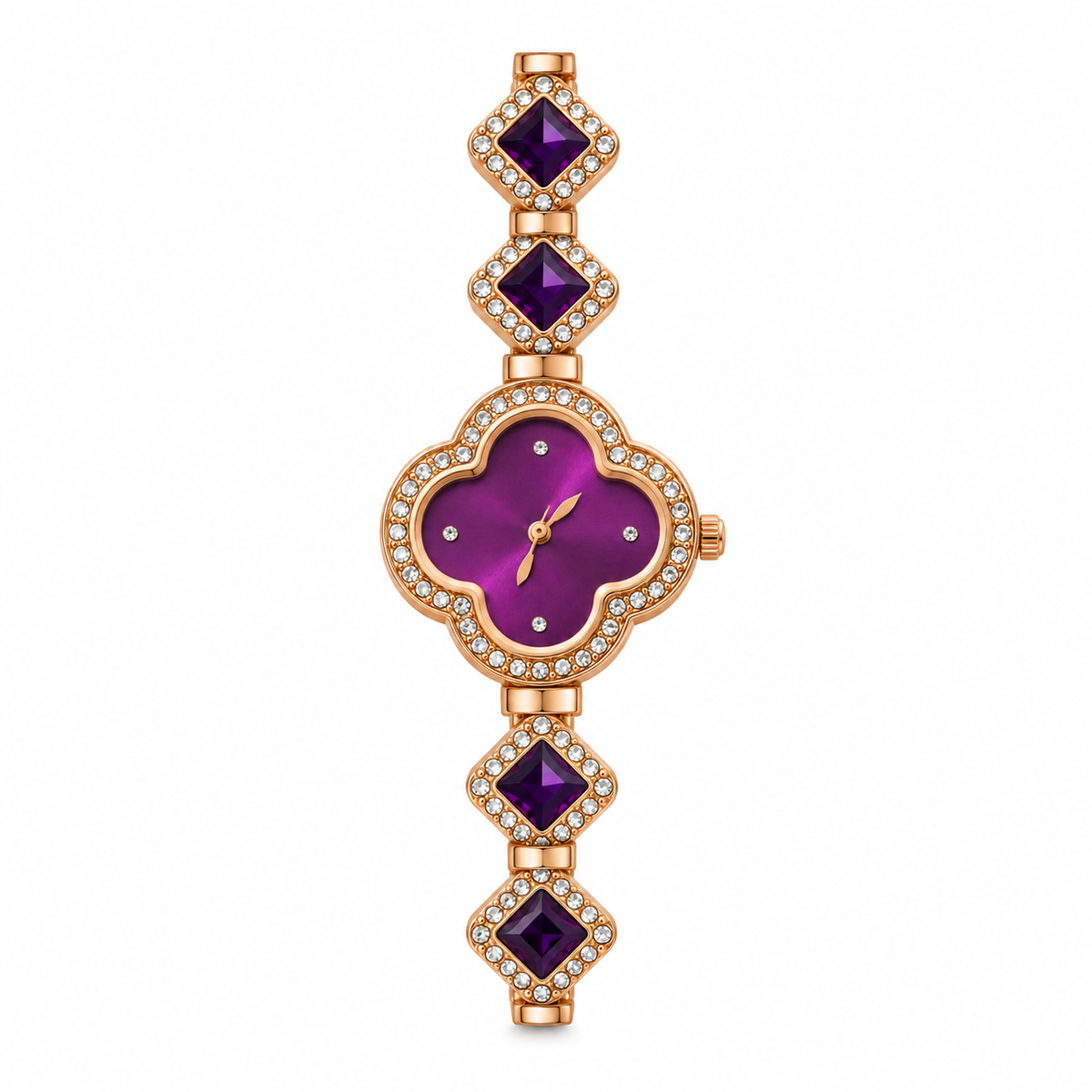 Rose-Gold Four-Leaf Clover Purple Crystal Bracelet Watch