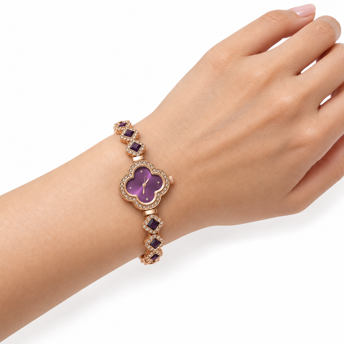 Rose-Gold Four-Leaf Clover Purple Crystal Bracelet Watch