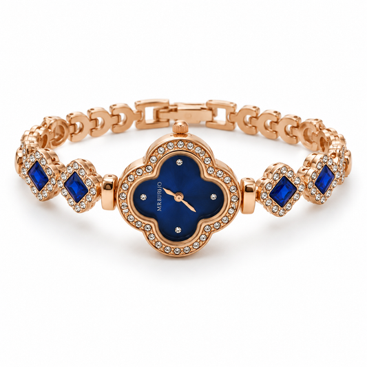 Rose-Gold Four-Leaf Clover Blue Crystal Bracelet Watch