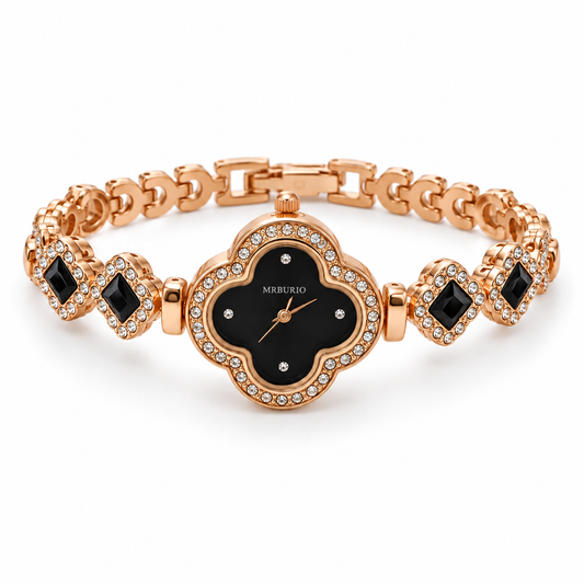 Rose-Gold Four-Leaf Clover Black Crystal Bracelet Watch