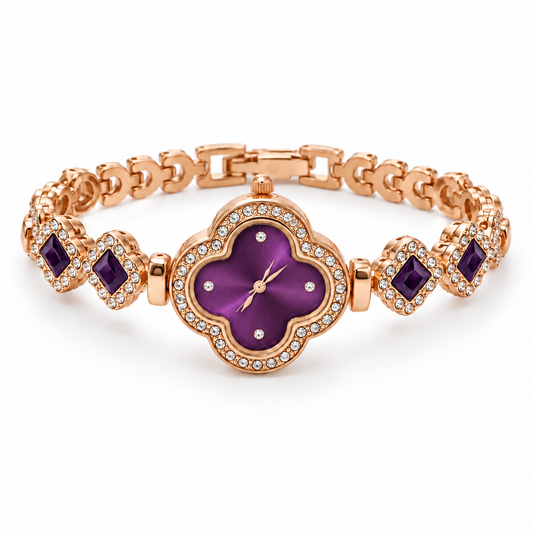 Rose-Gold Four-Leaf Clover Purple Crystal Bracelet Watch