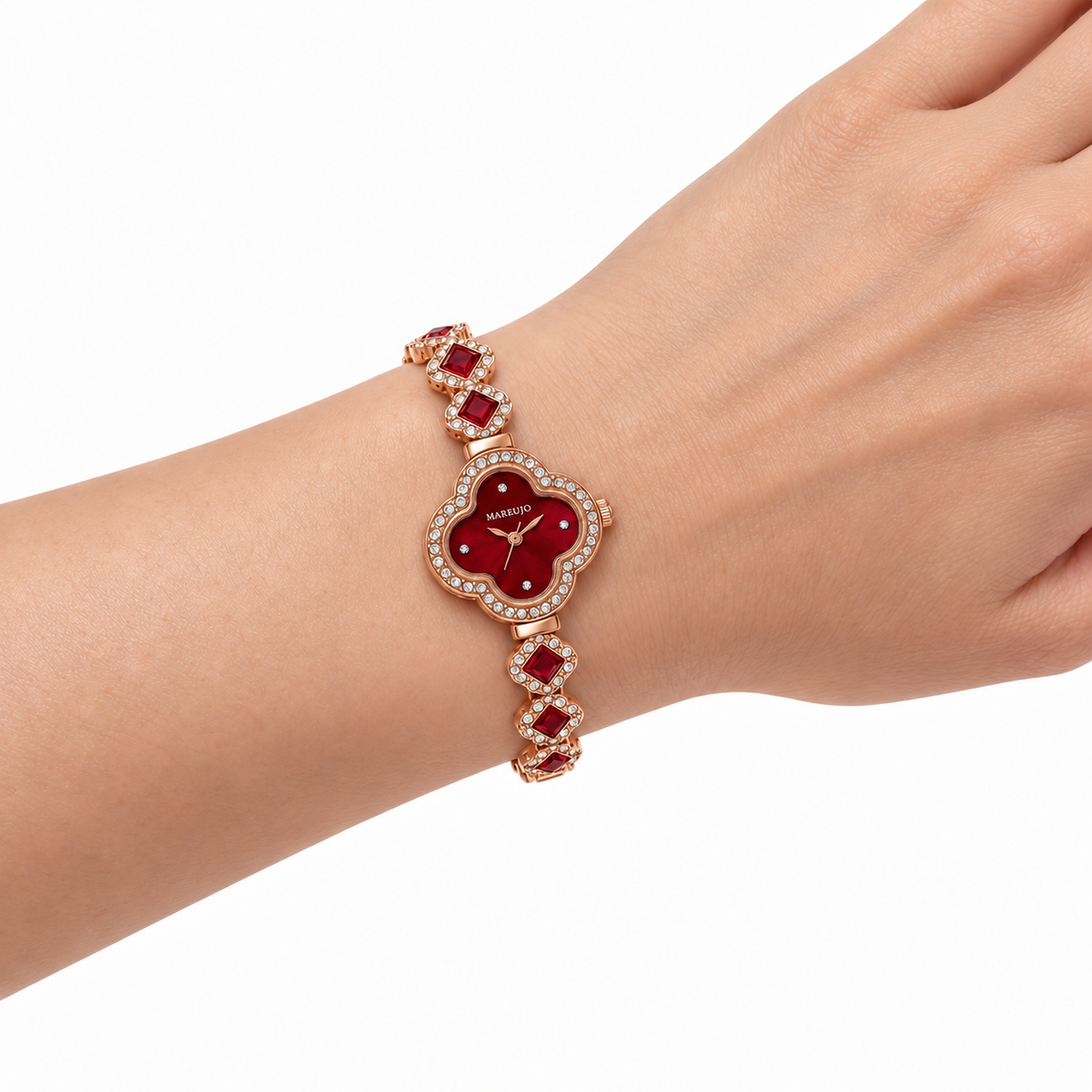 Rose-Gold Four-Leaf Clover Red Crystal Bracelet Watch