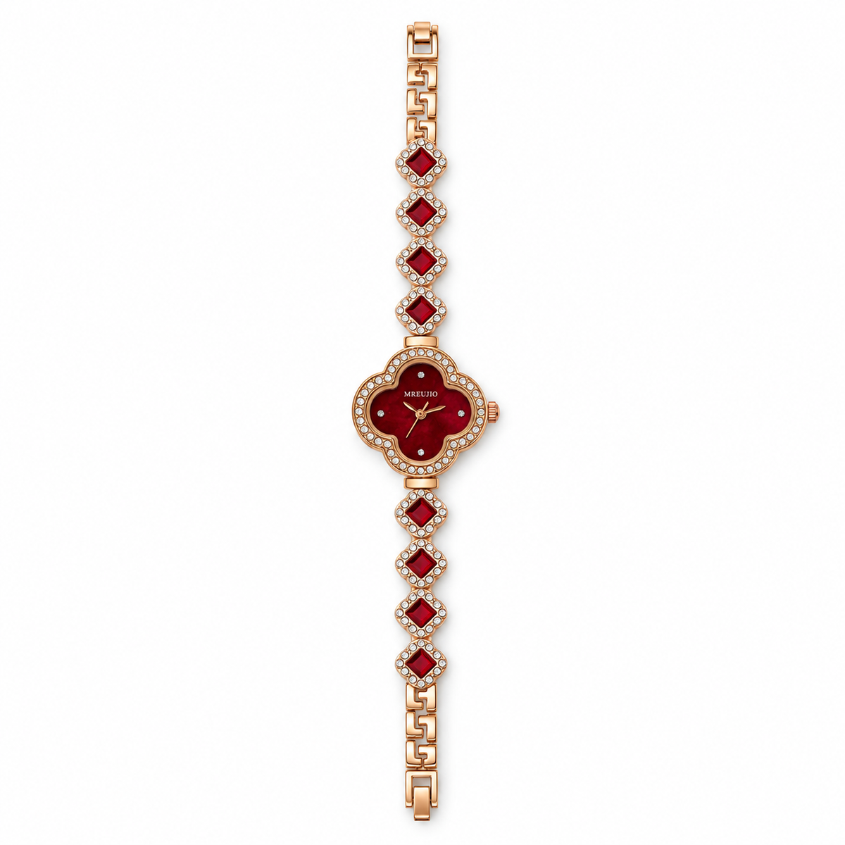 Rose-Gold Four-Leaf Clover Red Crystal Bracelet Watch