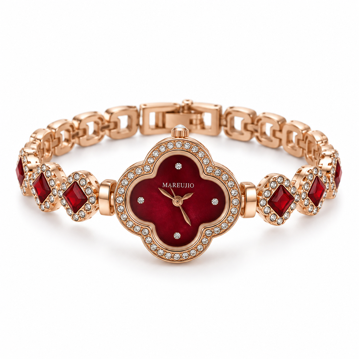 Rose-Gold Four-Leaf Clover Red Crystal Bracelet Watch