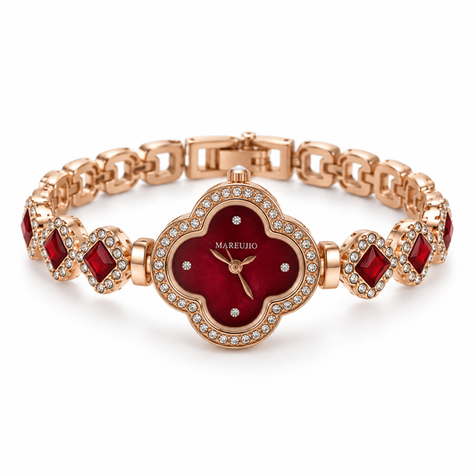 Rose-Gold Four-Leaf Clover Red Crystal Bracelet Watch