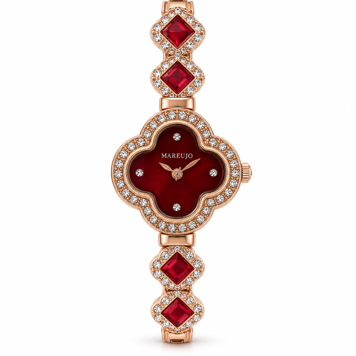 Rose-Gold Four-Leaf Clover Red Crystal Bracelet Watch