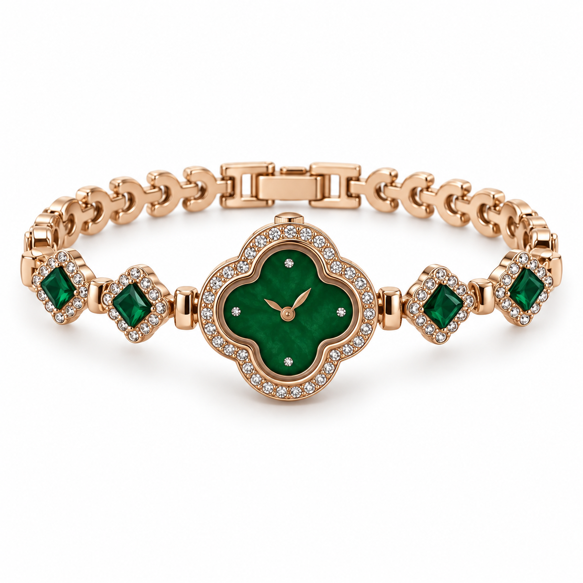 Rose-Gold Four-Leaf Clover Green Crystal Bracelet Watch