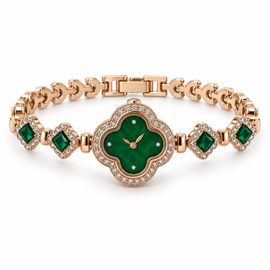 Rose-Gold Four-Leaf Clover Green Crystal Bracelet Watch
