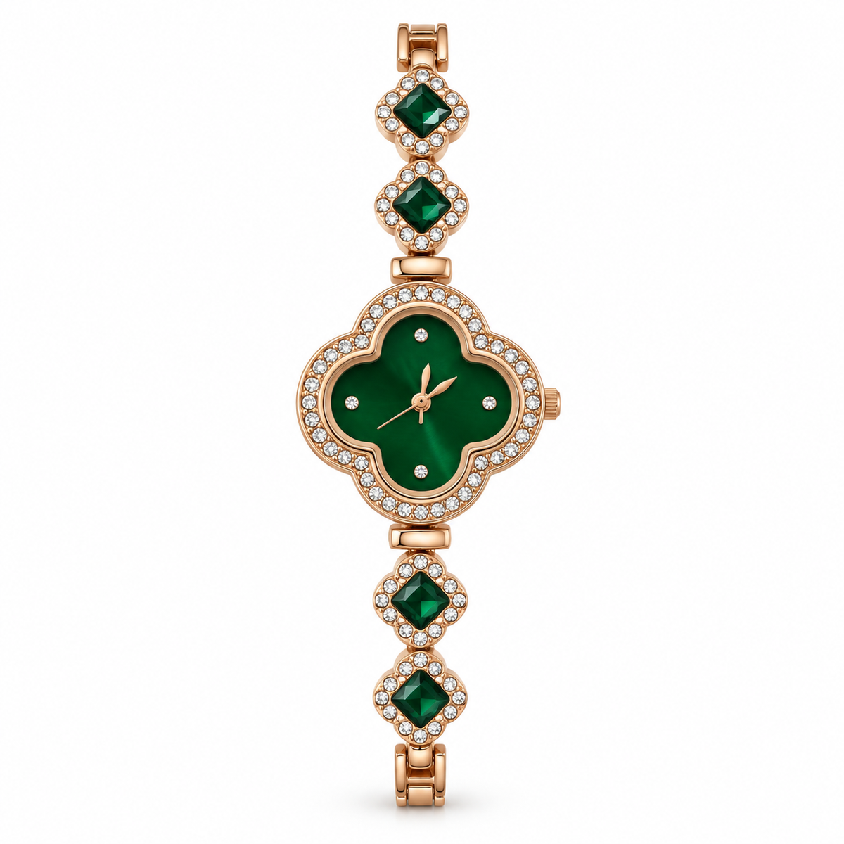 Rose-Gold Four-Leaf Clover Green Crystal Bracelet Watch