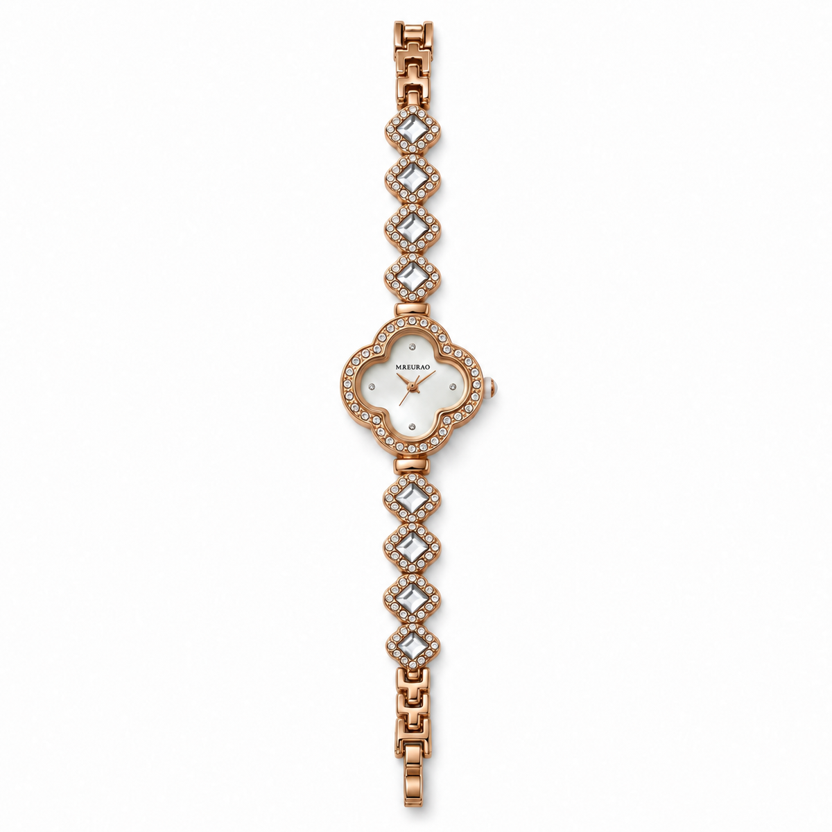 Rose-Gold Four-Leaf Clover White Crystal Bracelet Watch