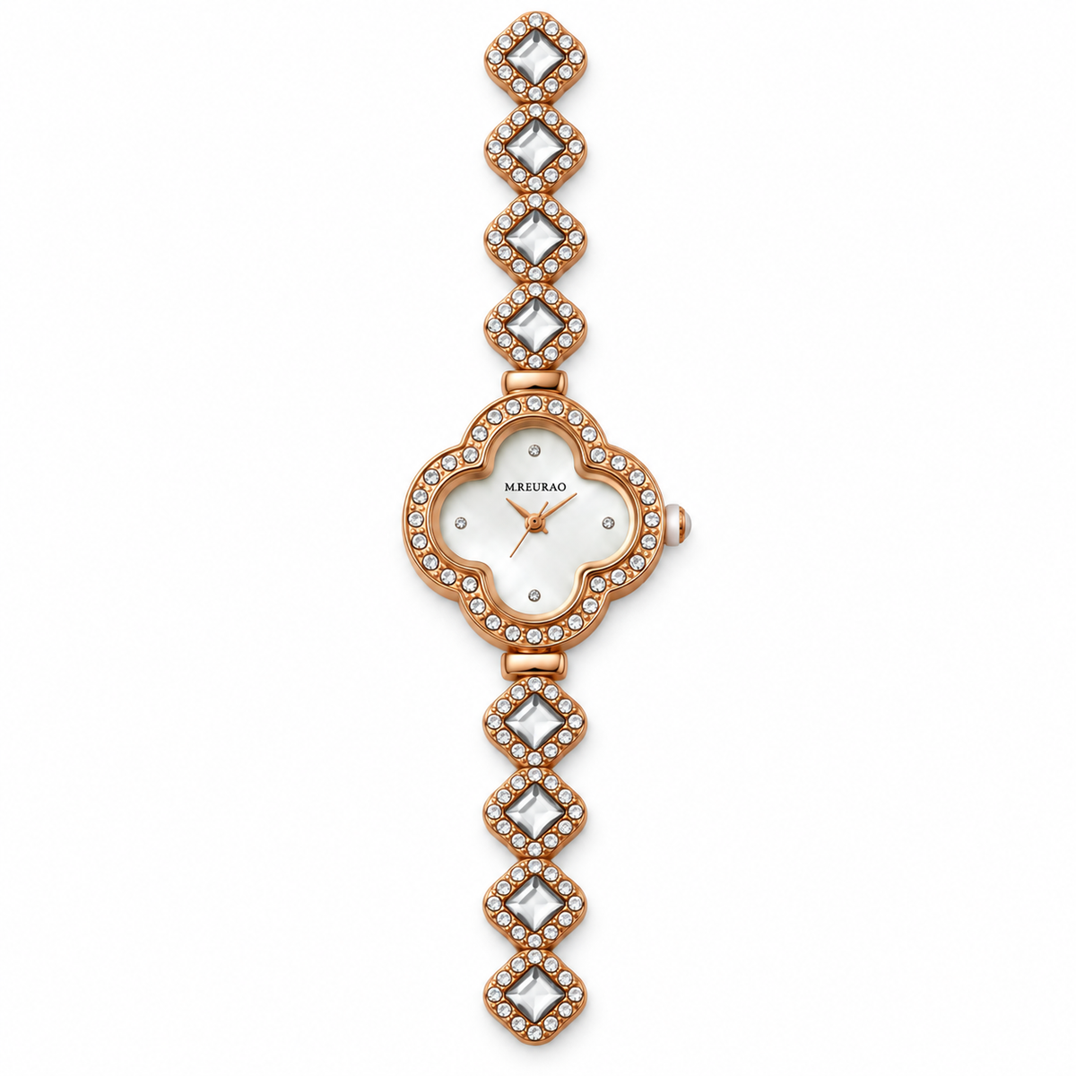 Rose-Gold Four-Leaf Clover White Crystal Bracelet Watch