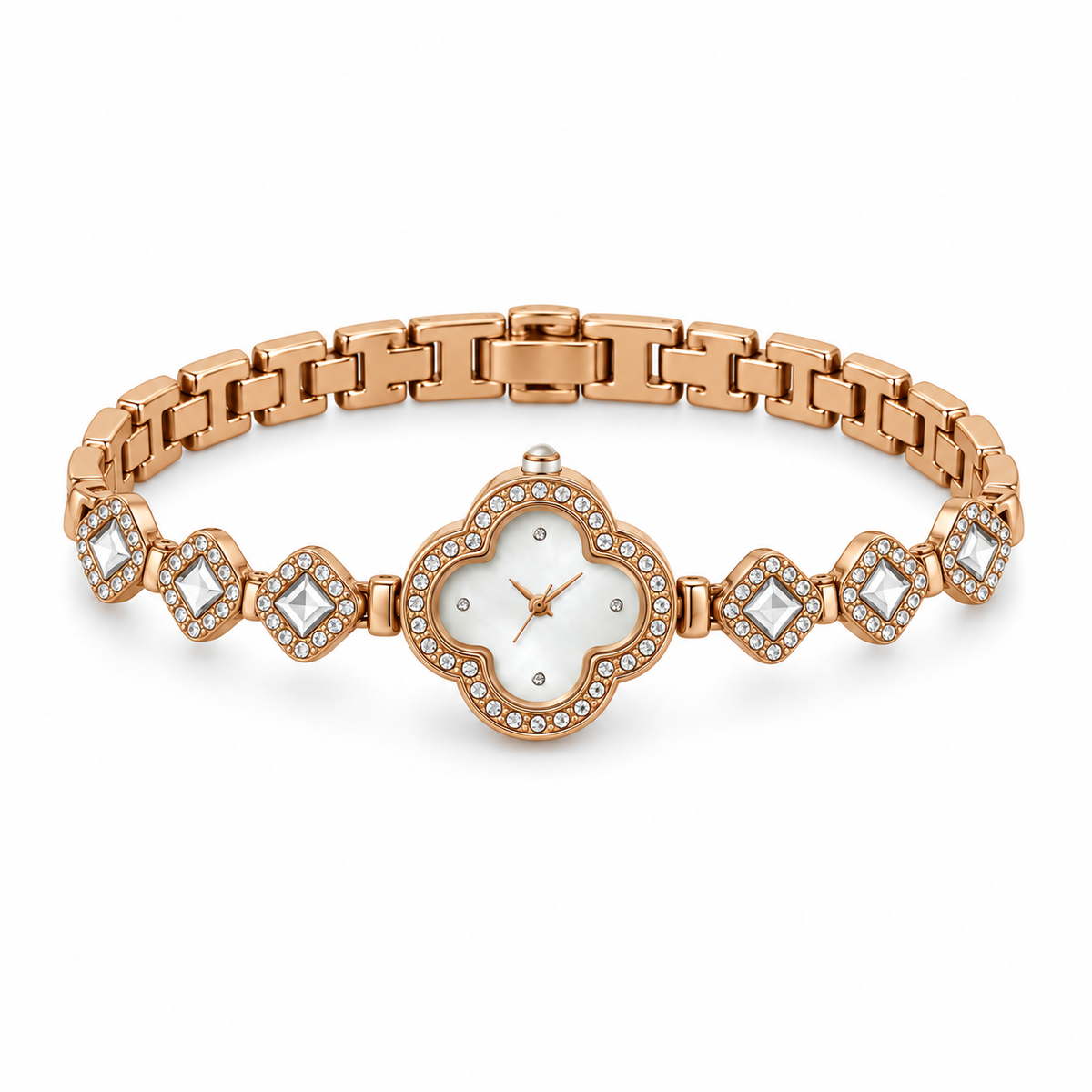 Rose-Gold Four-Leaf Clover White Crystal Bracelet Watch